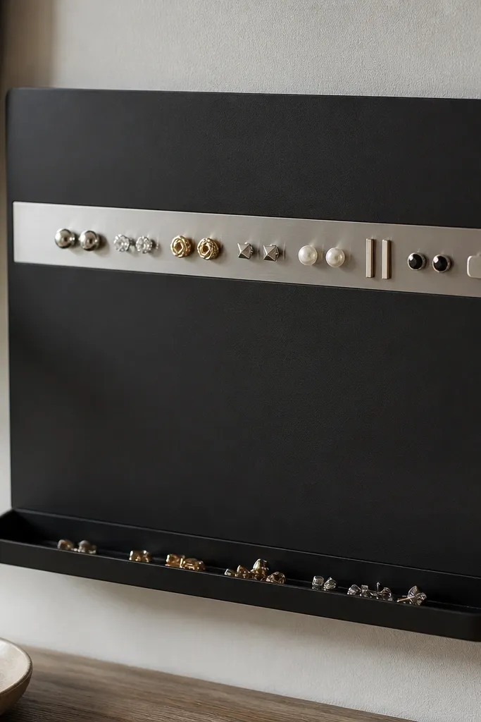 A matte black board mounted on the wall with a thin silver magnetic strip running horizontally. Small metal earrings and cuff pins stick in a tidy row. A small tray below catches loose backs.