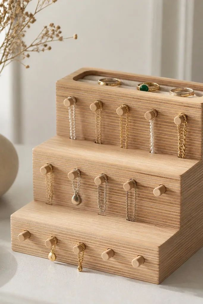 A small stair-step structure made from stacked plywood planks in three levels. Each step has a row of dowel pegs sticking out, with hooks on top for necklaces. The top level holds rings in a shallow recessed area.