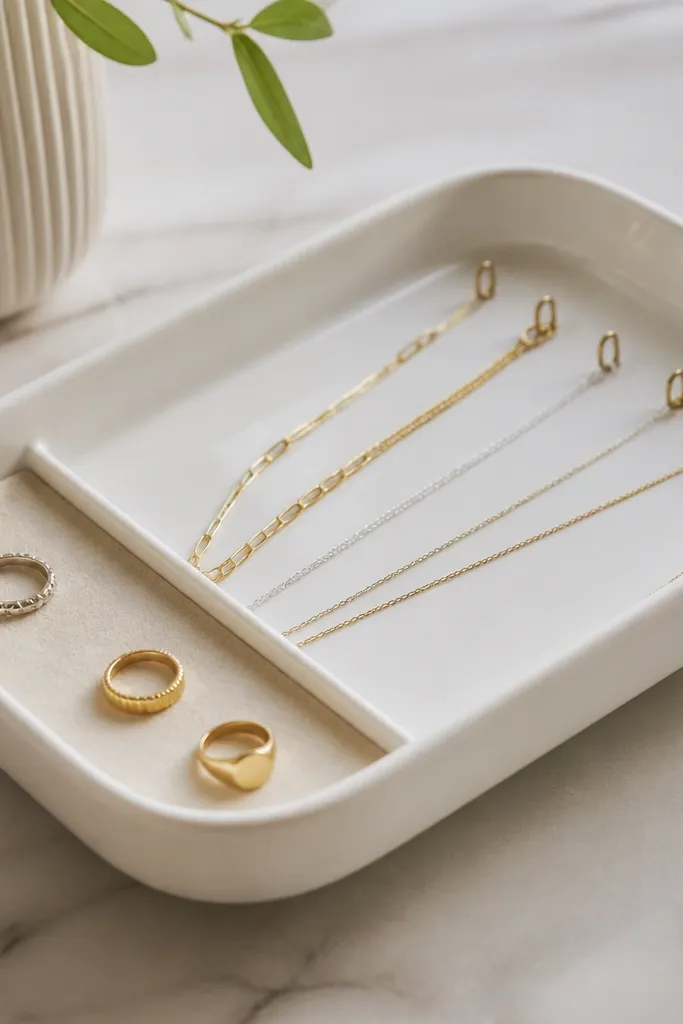 A shallow tray with a smooth, glossy look. Inside are small embedded wire loops evenly spaced along one side. Necklace ends rest into the loops while rings sit on a felt pad on the opposite side.