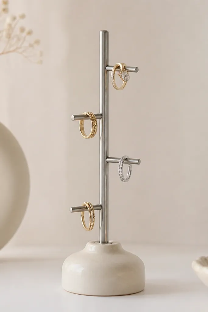 A small ceramic pedestal in off-white with a vertical metal stand. Rings are placed on short horizontal prongs at different heights. The metal is brushed silver with a satin sheen.