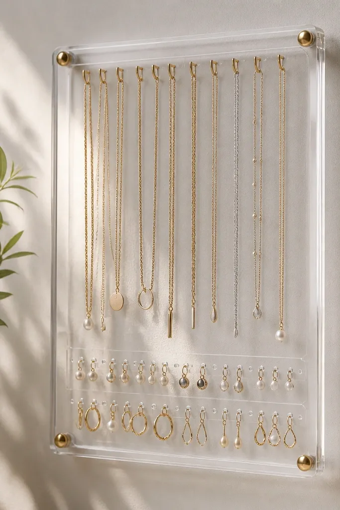 A clear acrylic frame mounted vertically. Across the top are small metal chain clips holding necklaces in straight lines. Below, there are two rows of holes with push-in earring hooks.