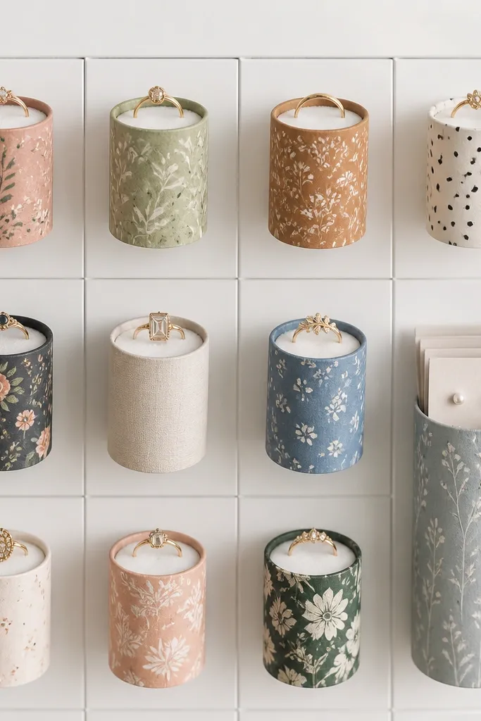 A set of small tubes mounted vertically on a board, each tube wrapped in patterned paper. Inside each tube is a small foam insert holding rings, and a separate tube holds stud cards. The board is painted white with a neat grid.