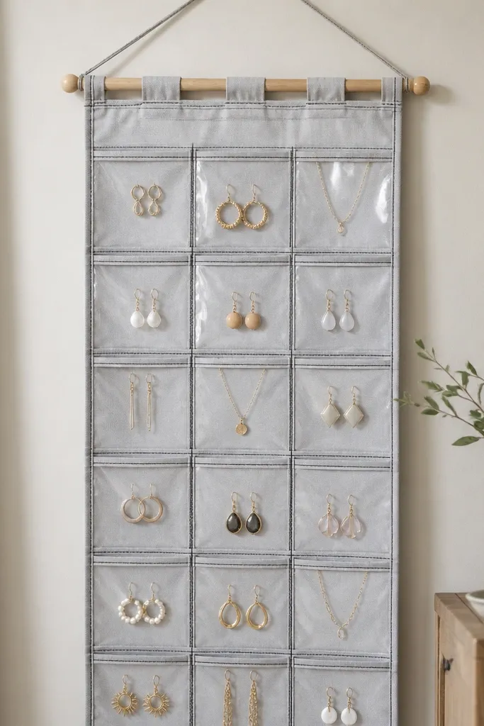 A hanging organizer made from light gray cotton with clear vinyl pockets. Each pocket holds a pair of earrings or a small necklace. The top has a wooden dowel rod for hanging, and the pockets have black stitched edges.