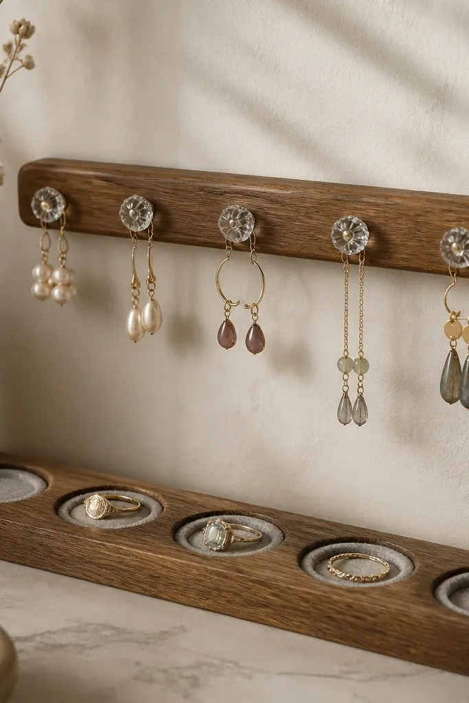 A wall-mounted peg rail with small glass knobs attached like tiny handles. Earrings hang from the knobs using small hooks. Below, a strip of wood holds shallow ring wells lined with pale gray felt.