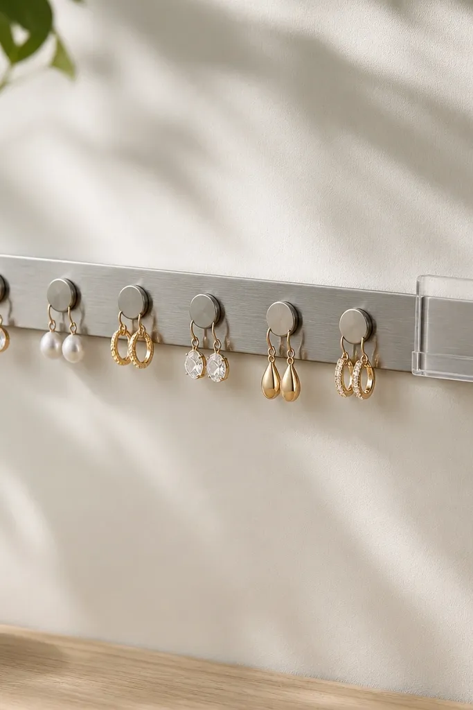 A brushed steel magnetic strip mounted horizontally. Small labeled steel discs sit in a row, and earrings with magnetic backs stick directly to the discs. A small acrylic label holder sits at the right end.