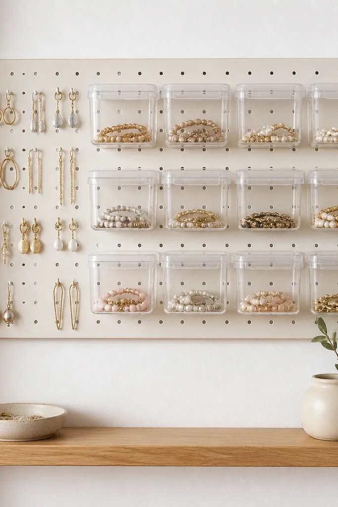 A pegboard with small clear plastic bins clipped onto it. Each bin has a lid and holds bracelets, charms, or spare chains. Hooks on the pegboard hold earrings. The whole setup is on a white wall with a small wood shelf underneath.