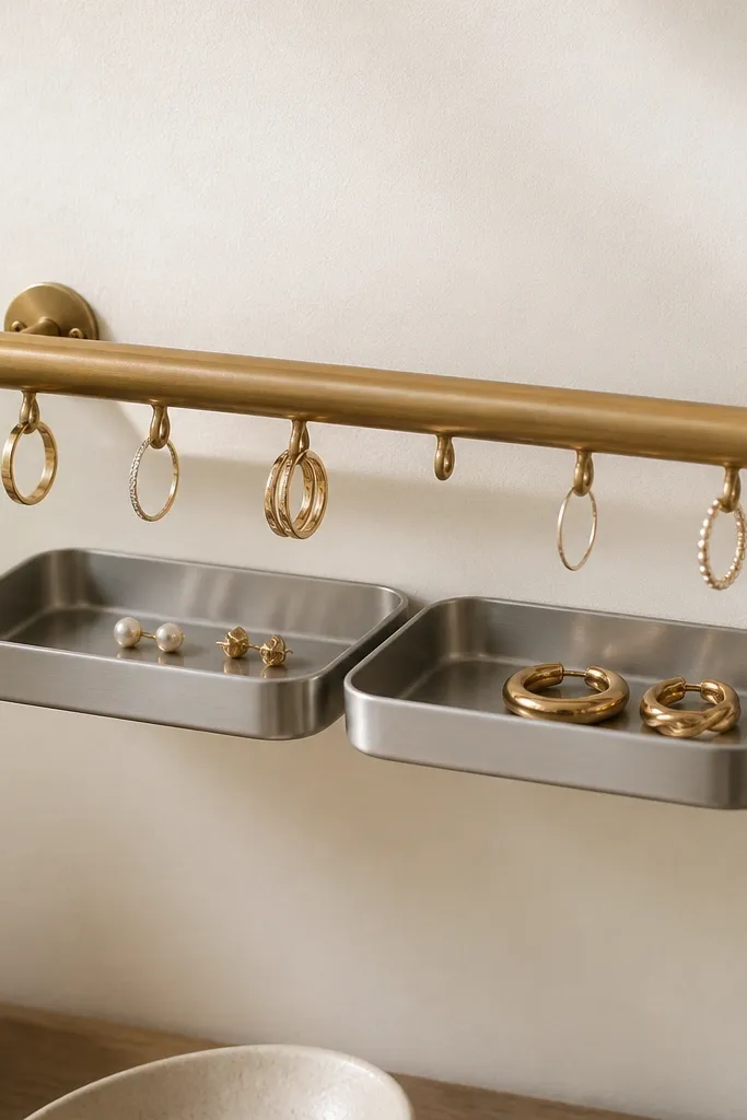 A brass bar mounted horizontally with small ring catch loops spaced evenly. Under the bar are two removable mini trays in brushed aluminum. Rings rest on the loops, and small earrings sit in the trays.