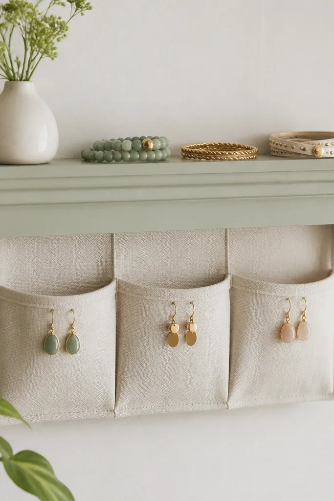 A painted wood picture ledge on a wall. Hanging beneath it are fabric pockets in three sections with clean seams. Small earrings drop into pockets while bracelets rest on the ledge above.