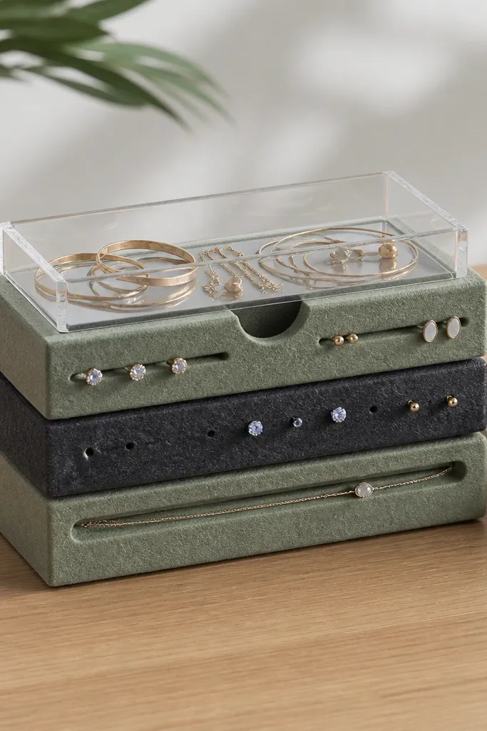 A desk organizer made from stacked felt blocks in muted sage and charcoal. Each block has carved channels and small holes for studs and earbacks. A clear acrylic tray sits on top for loose items.