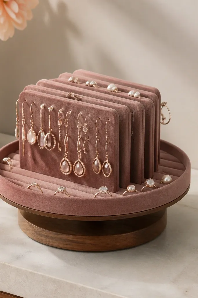 A small lazy Susan base on a dresser with a rotating top. On the top are multiple earring slots made from foam strips covered in velvet. Rings sit in a stationary tray at the edge.