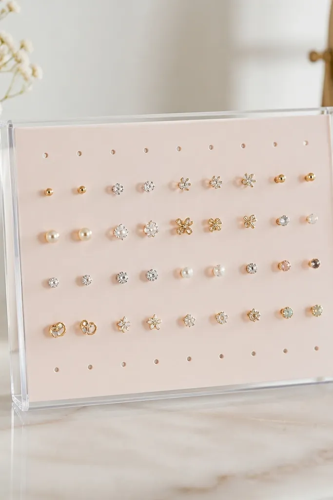A clear acrylic organizer with a grid of small holes for stud posts. Behind the clear top is a pastel blush backing sheet. The organizer sits on a vanity and holds multiple studs in straight rows.