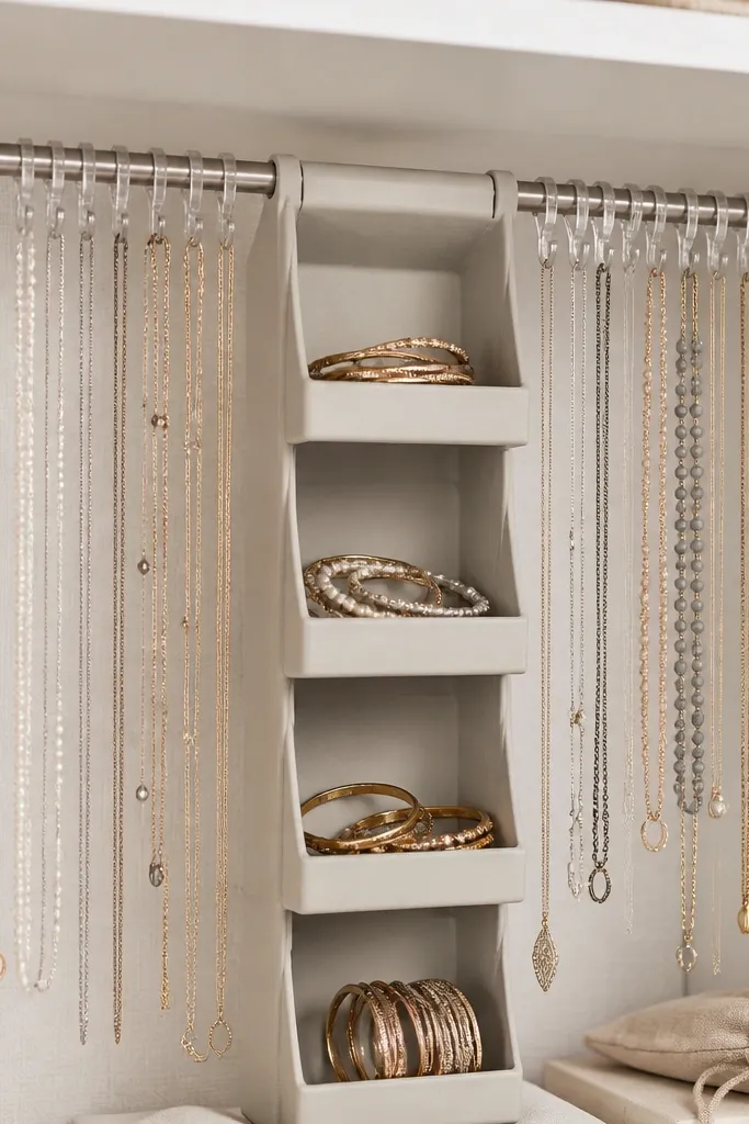 A closet rod setup with two small tension rods mounted side by side. Between them are mini shelves. Necklaces hang from clips on the rods, and bangles sit in shallow compartments on the shelves.