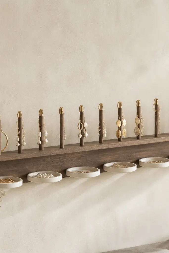 A slim floating shelf holding a row of small dowels with hooks on top. Under the shelf are removable ring cups arranged in a line. Jewelry sits neatly with consistent spacing across the shelf front.
