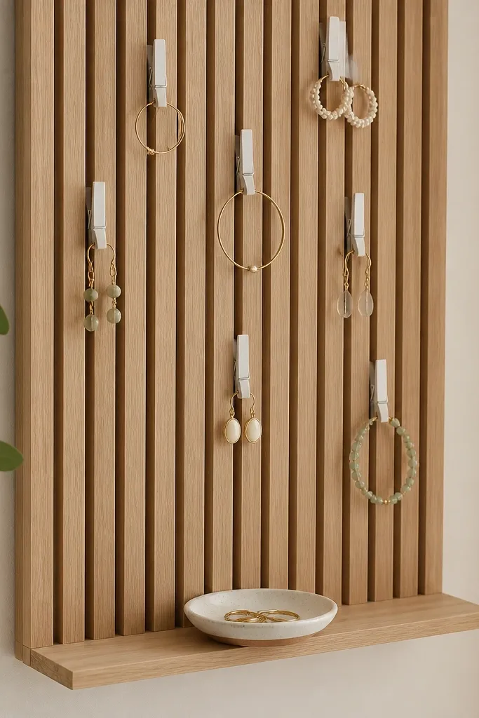 A series of thin vertical wood slats mounted on a wall. Between slats hang small clothespin clips painted white. Small earrings and lightweight bracelets clip to the pins, and a bottom shelf holds a ring dish.