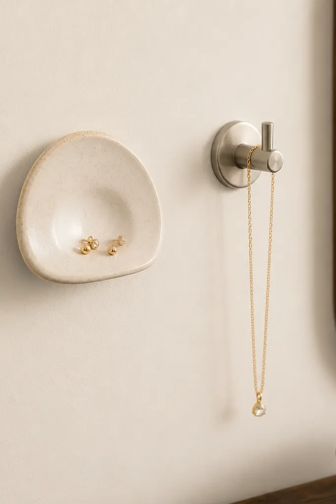 A small ceramic wall dish mounted at eye level with a few studs placed in a shallow dip. Next to it is a single brushed nickel hook holding a short necklace. The wall around the dish is painted warm white.