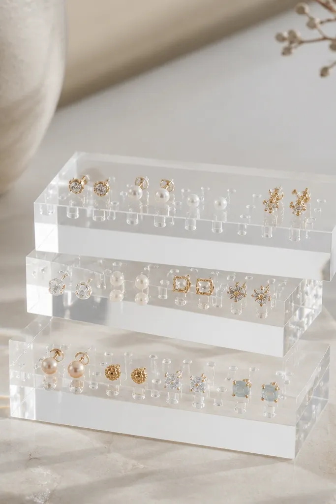 Three clear acrylic blocks stacked to create a staggered column. Each block has rows of tiny drilled holes. Stud earrings are inserted into the holes so they stand upright.
