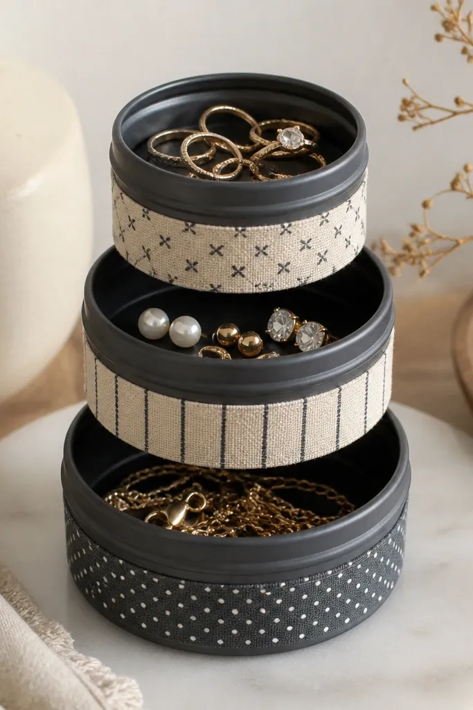 A countertop organizer made from stacked small tin cans painted charcoal. Each can has a fabric band label in different neutral patterns. The top can holds rings, middle can holds studs, and bottom can holds clasps or small chains.