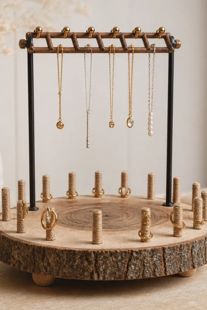 A round wood slice on a stand. Around the edge are small rope-wrapped pegs holding rings upright. Above the slice is a small ladder of hooks for necklaces.