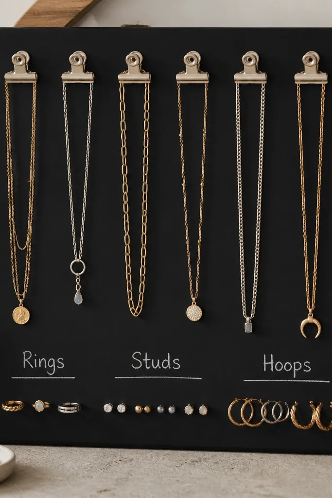 A small board painted matte black like chalkboard. Silver metal clips hold necklaces in a tidy row. Chalk labels in neat handwriting mark sections for rings, studs, and hoops.