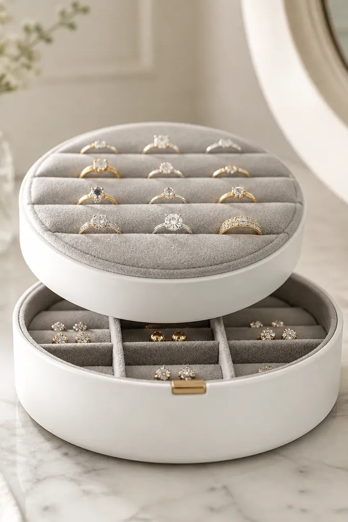 A small rotating turntable on a vanity with a ring display on top. Under the turntable is a hinged lid with compartments for studs. The top is covered in light gray felt, and the turntable sits on a white base.