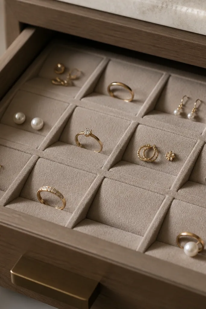 A shallow drawer lined with suede-like taupe fabric. Foam cut into blocks forms compartments for earrings and rings. Each compartment has a gentle slope so pieces sit in place.