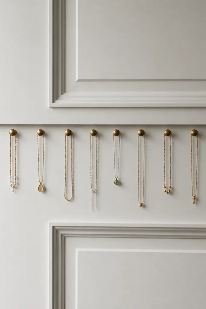 A magnetic rod mounted behind a closet door with necklaces hanging from small magnetic clips. The clips are spaced evenly and hold chains without tangling. The door is closed, and you see a neat line of jewelry peeking through.