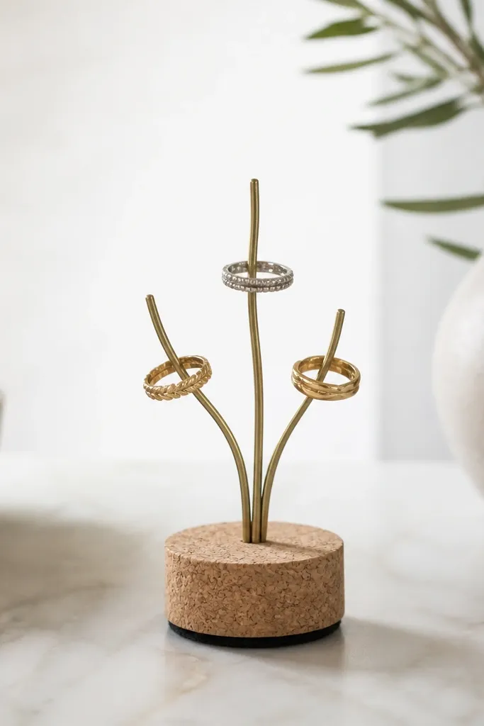 A small brass wire tree with three arms curving upward. Rings sit on the wire arms. The base is a cork disc with a matte finish and a small felt pad underneath.