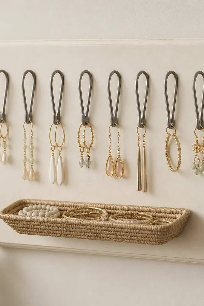 A wall organizer made from a wooden board with a row of large metal yarn guides. Earrings hang through the guides, and a small basket below holds bracelets. The board is painted cream, and the guides are matte silver.