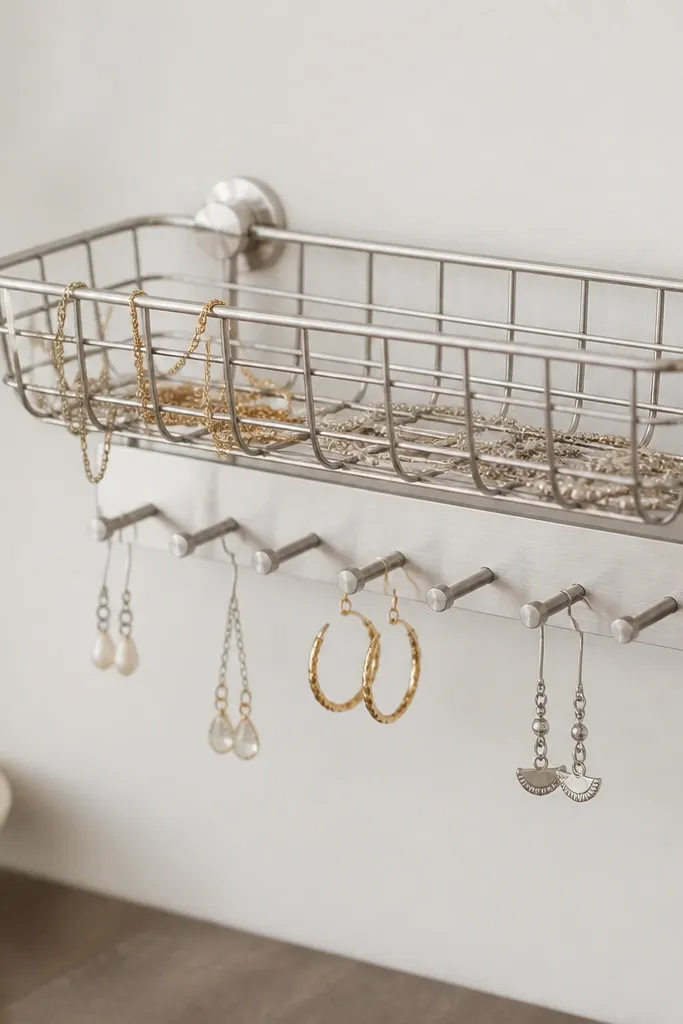 A wire basket mounted on a wall with a small peg strip beneath. Earrings hang from short hooks on the peg strip, and necklaces rest in the basket. The whole piece has a brushed steel look.
