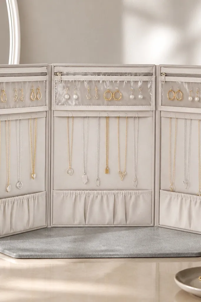 A foldable tri-panel organizer standing on a vanity. Each panel has clear top pockets and small fabric compartments. Earrings are in clear pockets, necklaces hang behind from hooks on each panel, and the base is covered in soft gray fabric.