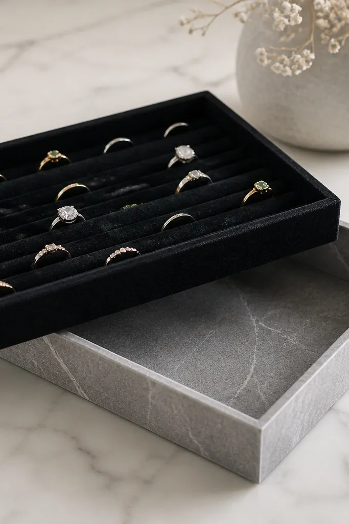 A geometric tray with sharp corners covered in gray marble-look contact paper. Inside is a removable black felt insert with round ring slots. The insert lifts out like a tray liner.