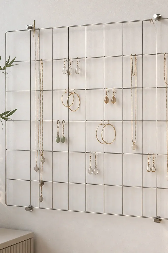 A stainless steel wire grid mounted to a wall with small feet spacers. Earrings hang from tiny wire loops, and necklaces drape over thicker wire bars. The whole piece looks airy and modern, with no bulky backing.