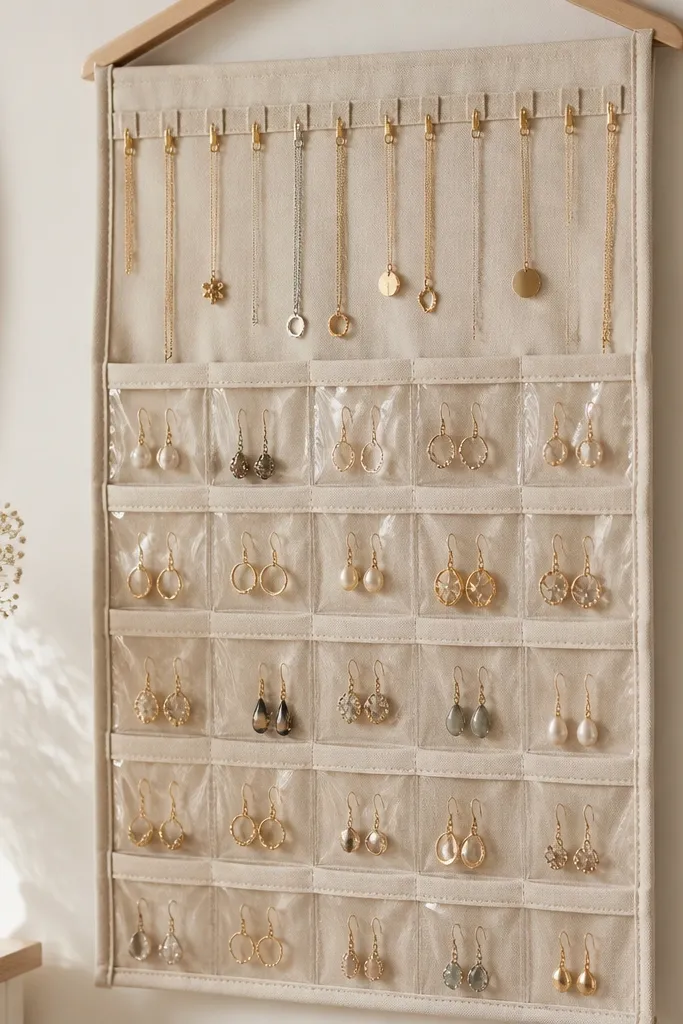A hanging organizer with multiple clear vinyl pockets. Each pocket holds a pair of earrings or small charms. Necklaces are placed in a dedicated top section with clips at the top seam.