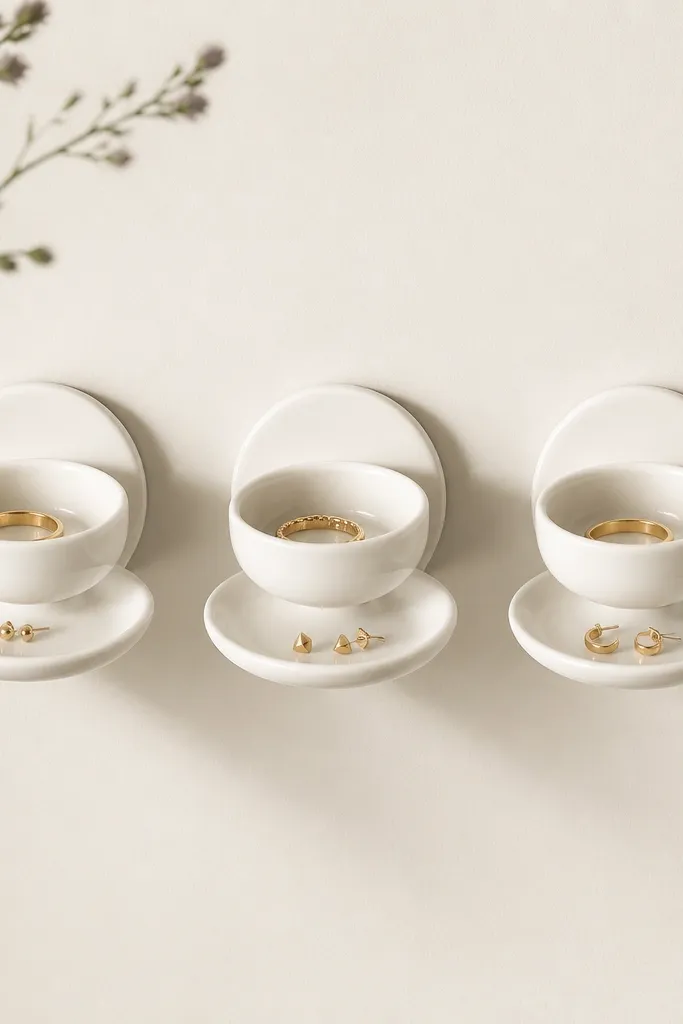 A set of three small wall-mounted ring dishes in white ceramic with a matching shallow tray under each. Rings sit in the dishes, and tiny earrings sit in the trays. The arrangement is symmetrical and spaced evenly on a light wall.