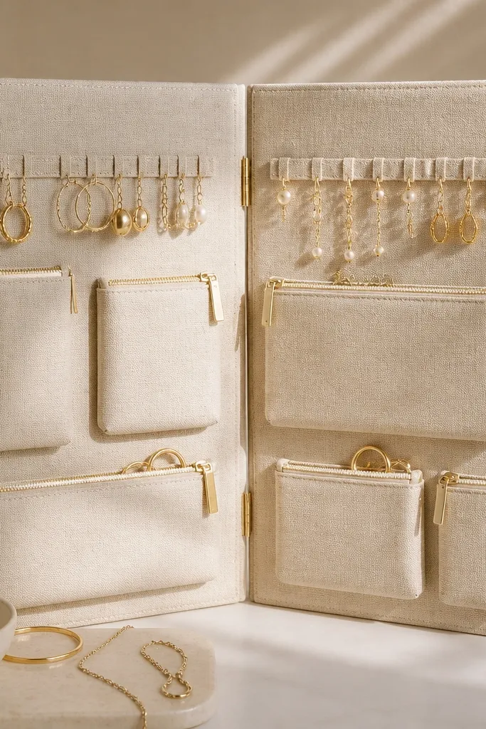 A folding screen made from two hinged panels covered in canvas. On each panel are zipper pouches with different sizes. Rings and bracelets are stored in pouches, and earrings hang on small loops on the inside panels.