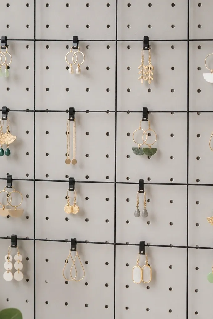 A pegboard with rows of elastic cords stretched horizontally and vertically. Dangle earrings hang from small clips on the elastic lines. The cords are black, and the pegboard is light gray.