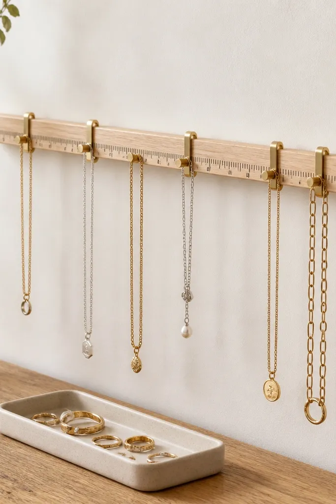A long peg rail mounted with a ruler strip printed along the side. Sliding hooks sit at measured points. Necklaces hang from hooks aligned with the ruler ticks, and rings sit in a small tray below.