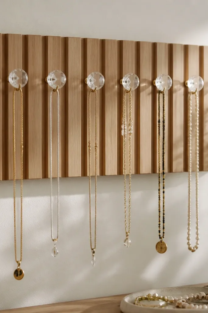 A wooden slat board with evenly spaced small glass knobs mounted on it. Each knob has a hook underneath where a necklace hangs. Glass knobs catch light and create a refined modern look.
