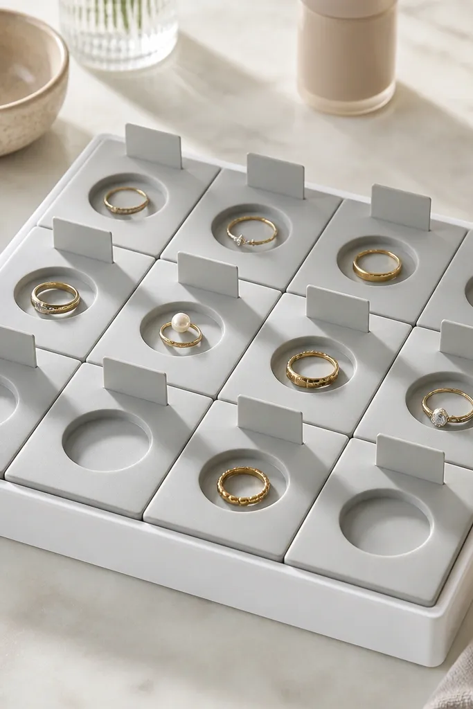 A vanity organizer with small magnetic tiles arranged in a grid. Each tile has a shallow circular recess for a ring and a removable label flag. The base is matte white and the tiles are light gray.