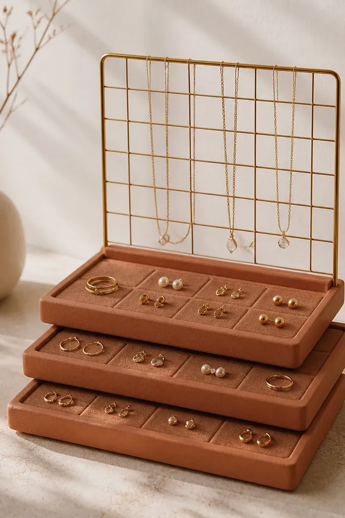 Terracotta-colored tiles stacked like a small pedestal. Each tile surface has felt pads in small squares for earrings and rings. On top sits a small wire grid for hanging necklaces.
