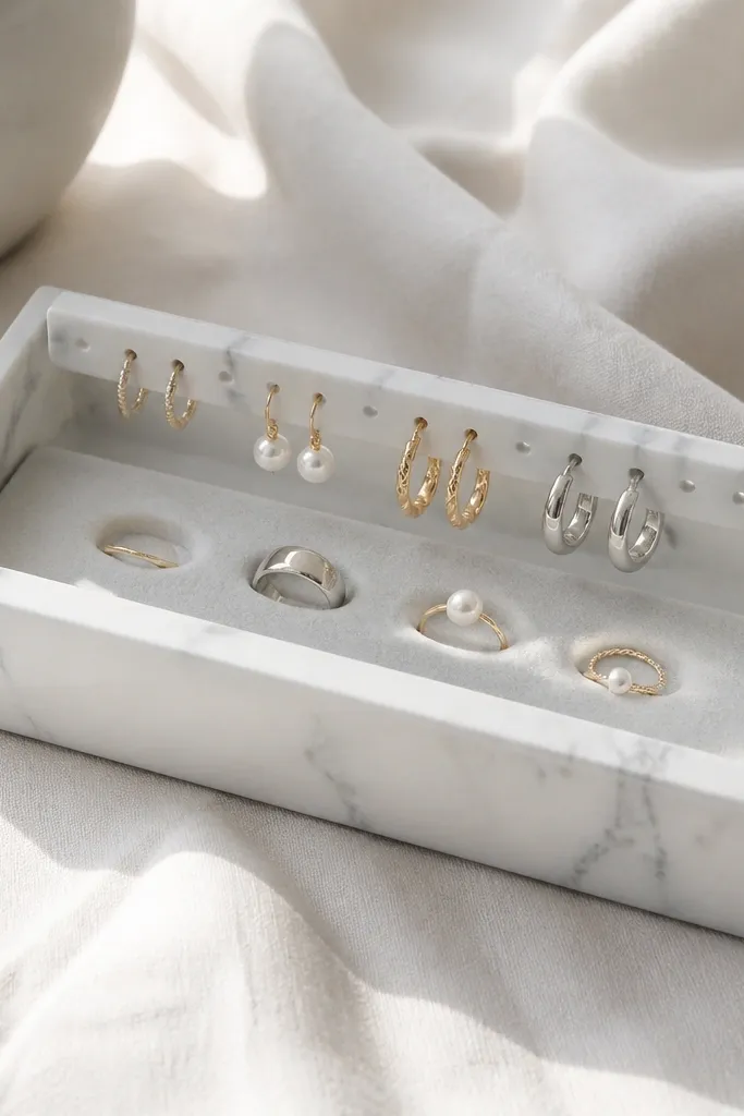 A monochrome tray in white marble-look finish. Along one side is a snap-in bar with evenly spaced holes. Earrings hang from the bar's holes; rings sit in shallow cutouts in felt.