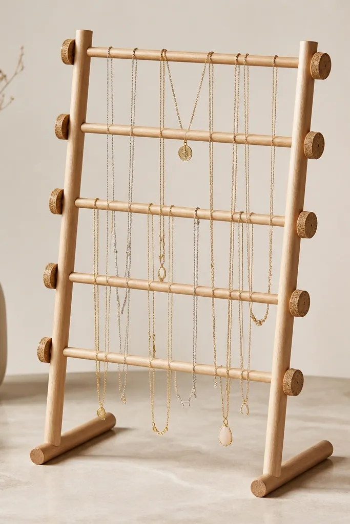 A freestanding stand made from two wooden dowels forming a back frame. Several dowels are attached horizontally with cork pads at the ends. Necklaces hang over the cork pads, each separated into its own channel.
