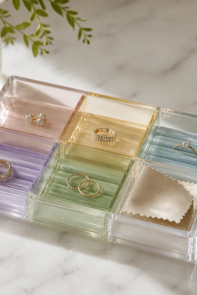 A rectangular countertop tray in clear acrylic with embedded resin compartments. Each compartment is tinted in a different soft color and has a small raised ridge for rings. The tray holds small studs, rings, and a ring cleaning cloth in one section.