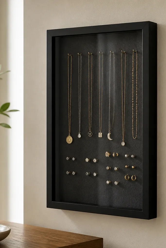 A slim shadow box mounted on the wall. The back is covered in dark foam. Mini hooks sit in a row for necklaces, and small magnets hold earring backs. The front has a clear glass panel.