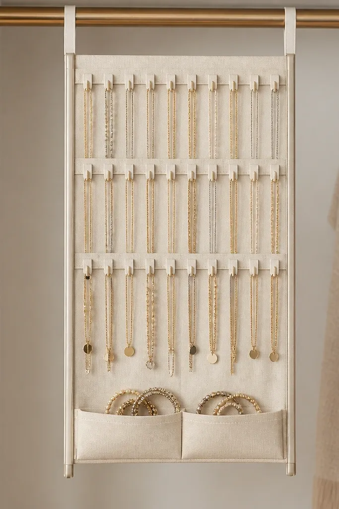 A hangable organizer that clips over a closet rod. It has a grid of small clips and two side rails. Necklaces hang from the clips in neat rows, and bracelets sit in two bottom pockets.