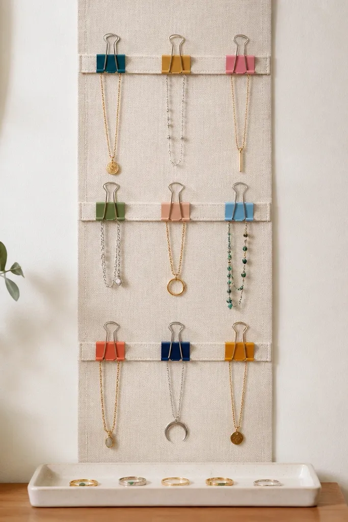 A strip of fabric tape mounted vertically on the wall, with several horizontal rows. Color-coded binder clips attach to the fabric at each row. Necklaces hang from the clips and rings sit on a small tray beneath.