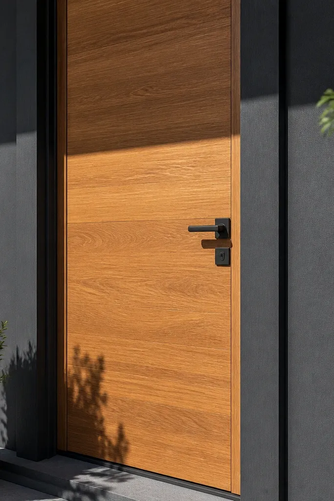 Light honey teak door in a charcoal frame with a thin dark reveal gap