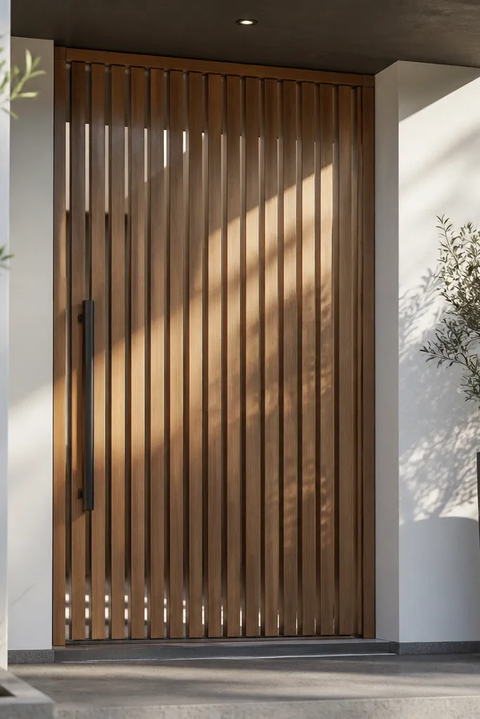 Teak vertical slat door with a matte black bar handle