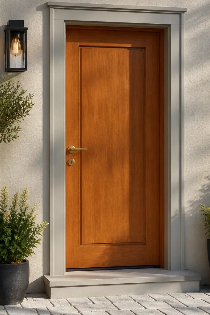 Medium teak door with a simple inset panel and brushed brass lever handle