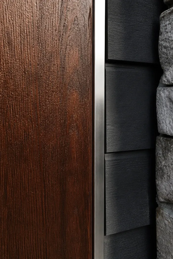 Dark toasted teak door with a thin stainless strip around the perimeter